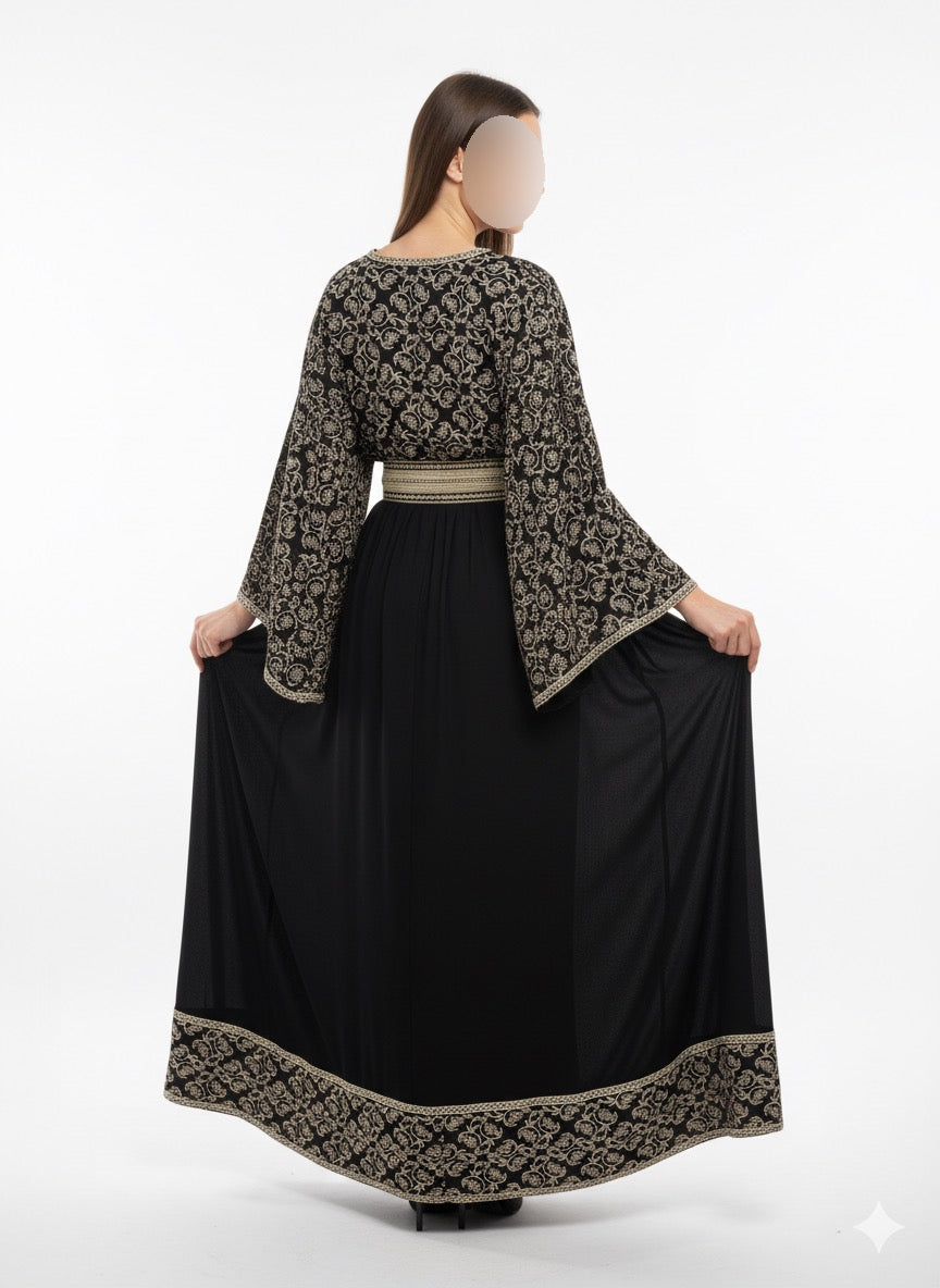 Embroidered Moroccan Kaftan Dress with Adjustable Belt – Free Size