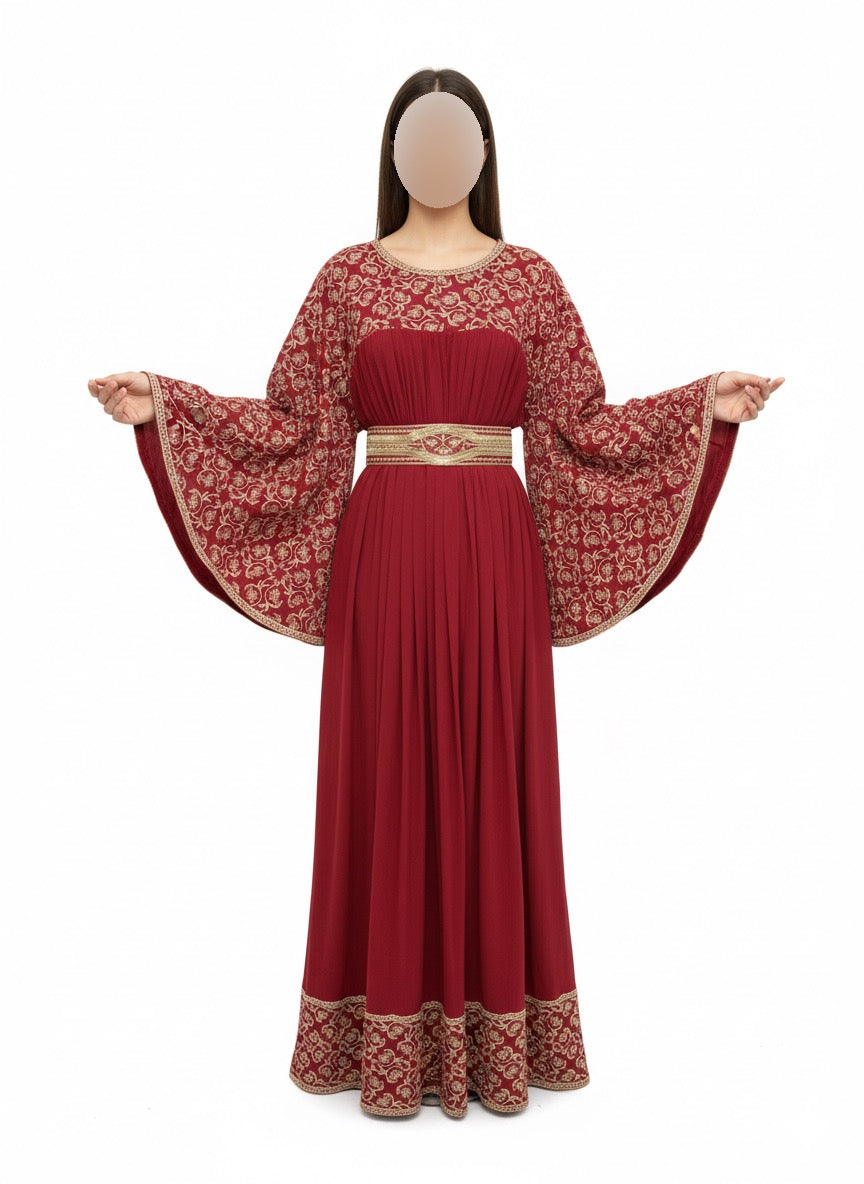 Embroidered Moroccan Kaftan Dress with Adjustable Belt – Free Size