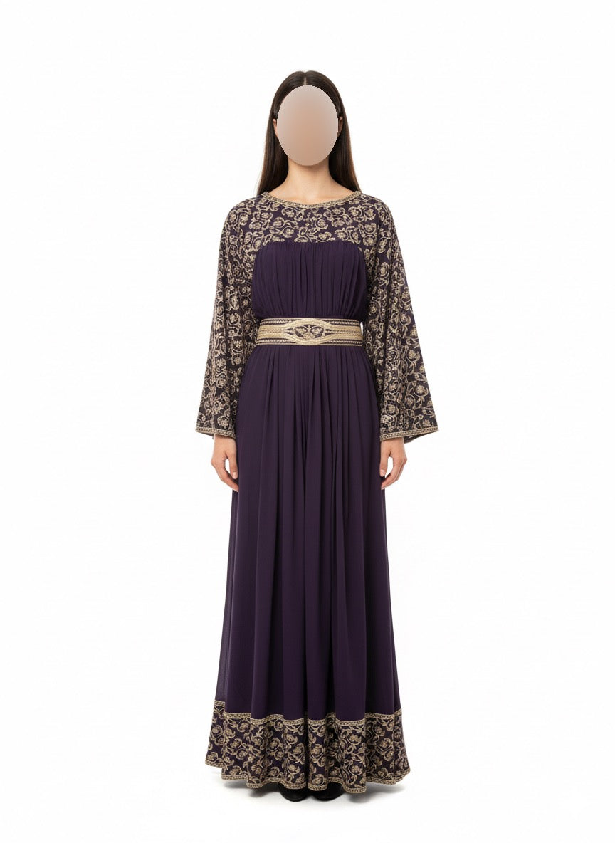 Embroidered Moroccan Kaftan Dress with Adjustable Belt – Free Size