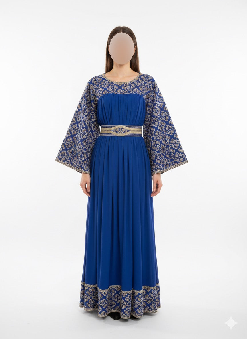 Embroidered Moroccan Kaftan Dress with Adjustable Belt – Free Size