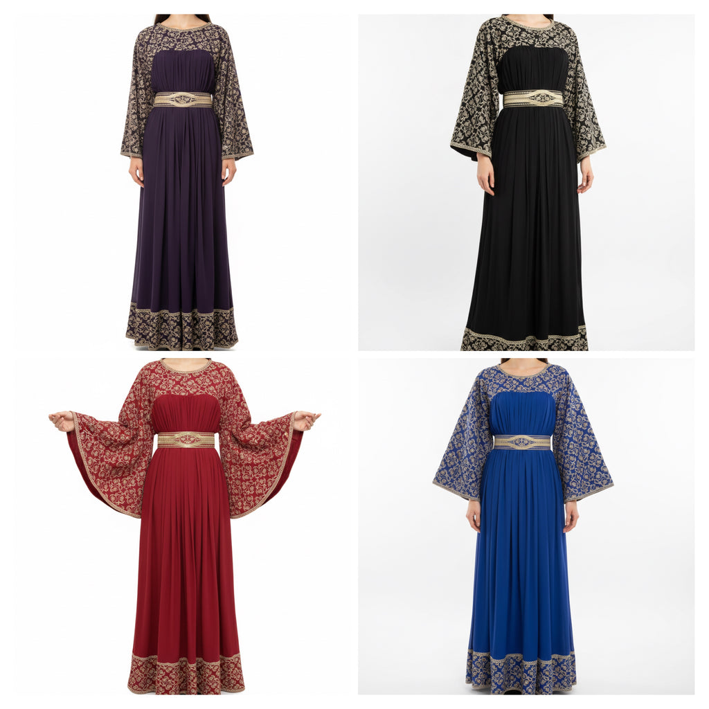 Embroidered Moroccan Kaftan Dress with Adjustable Belt – Free Size
