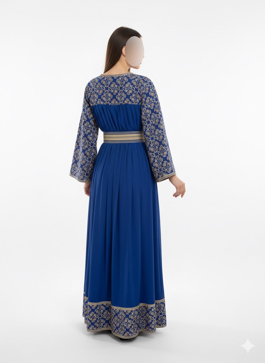 Embroidered Moroccan Kaftan Dress with Adjustable Belt – Free Size