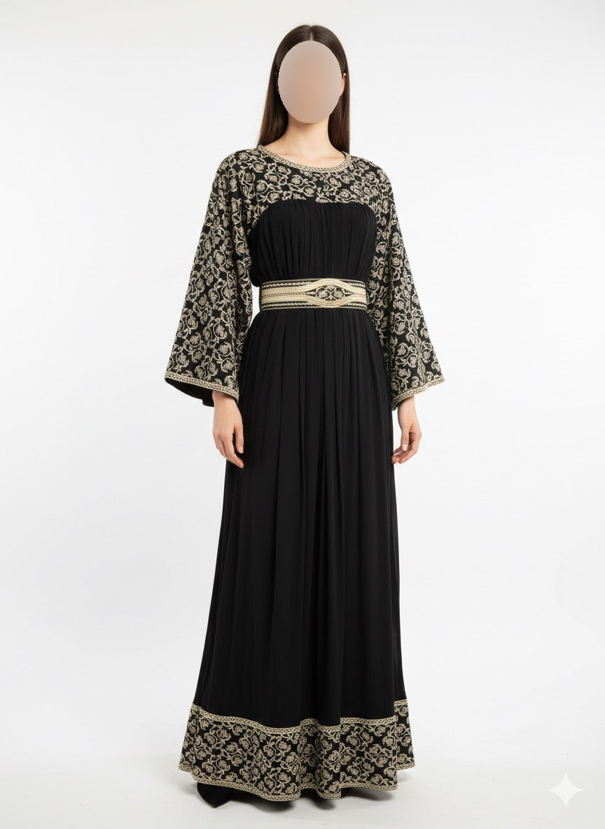 Embroidered Moroccan Kaftan Dress with Adjustable Belt – Free Size